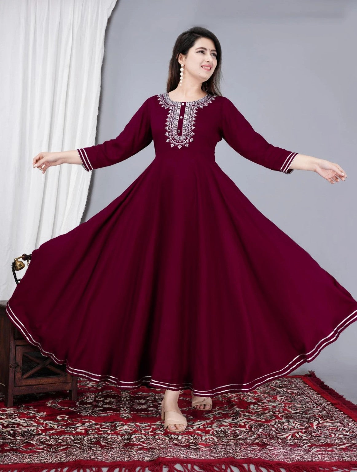 Women’s Wine Embroidered Flared Anarkali Kurta