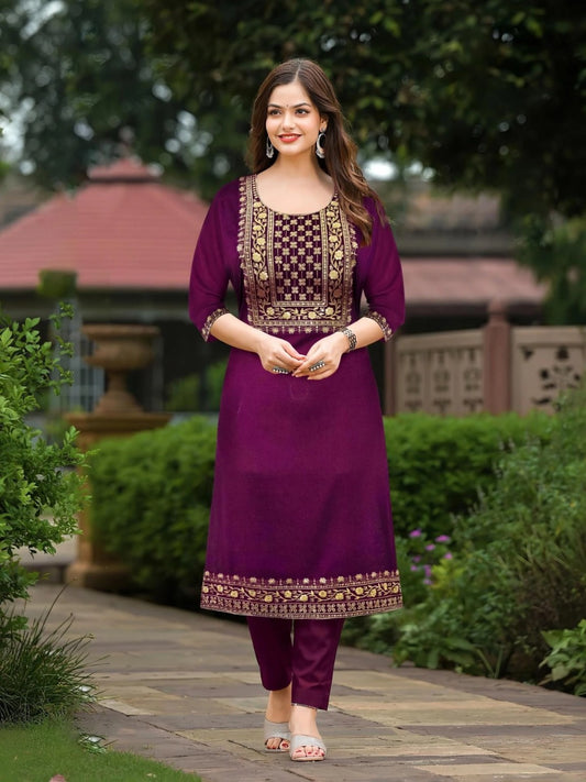 Women’s Wine Embroidered Straight Kurta
