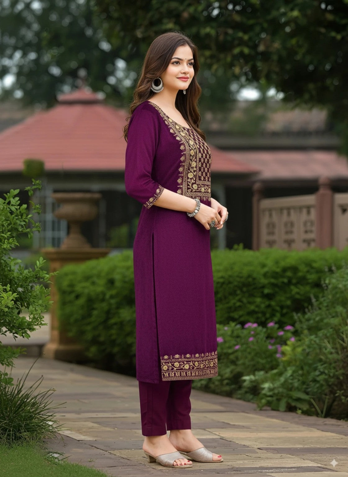 Women’s Wine Embroidered Straight Kurta