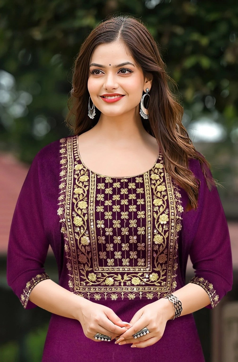 Women’s Wine Embroidered Straight Kurta