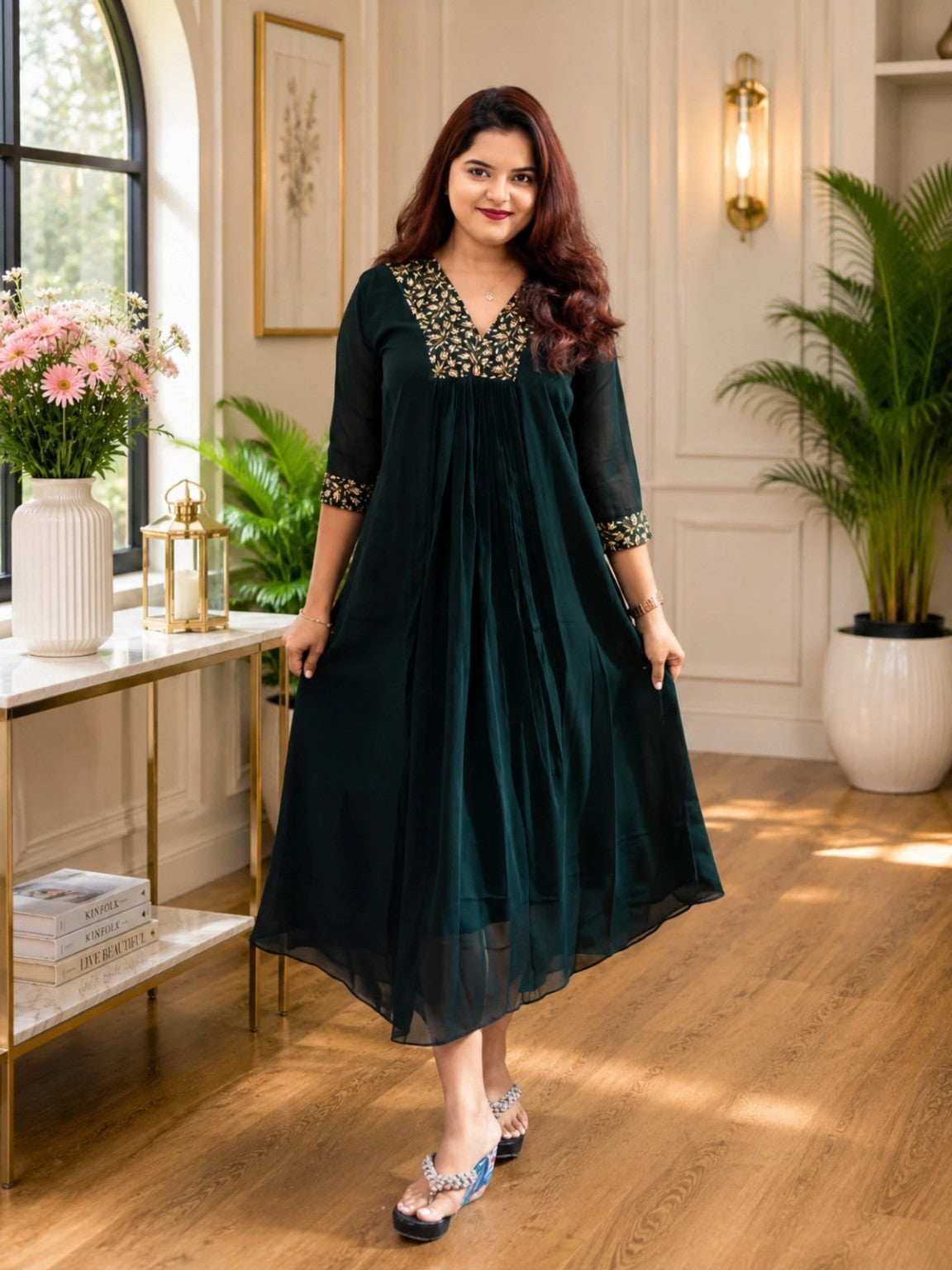 Women’s Dark Green Floral Embroidered Anarkali Kurta