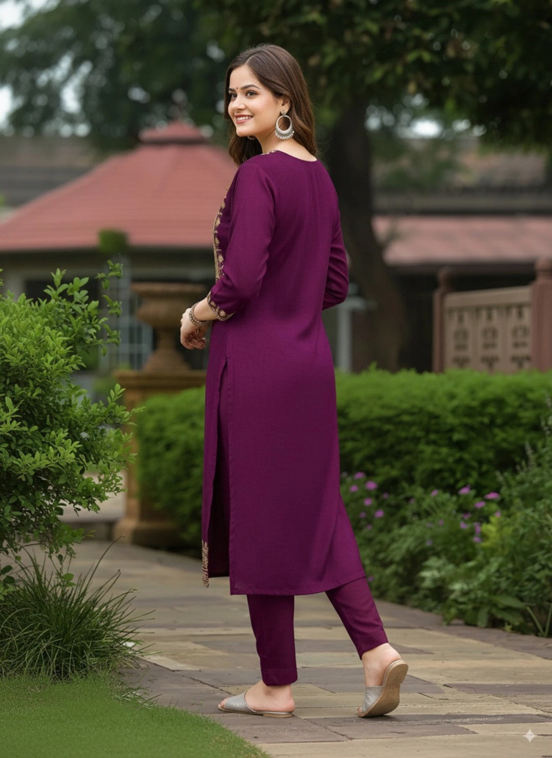 Women’s Wine Embroidered Straight Kurta