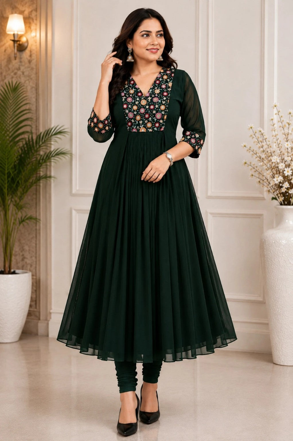Women’s Dark Green Floral Embroidered Anarkali Kurta