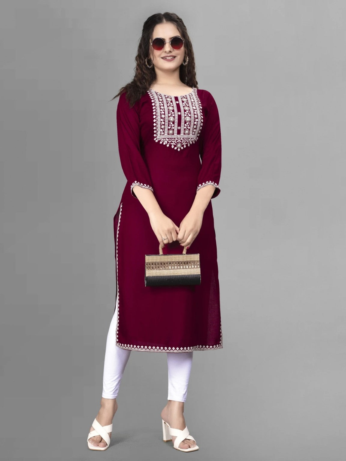 Women’s Wine Embroidered Flared Anarkali Kurta