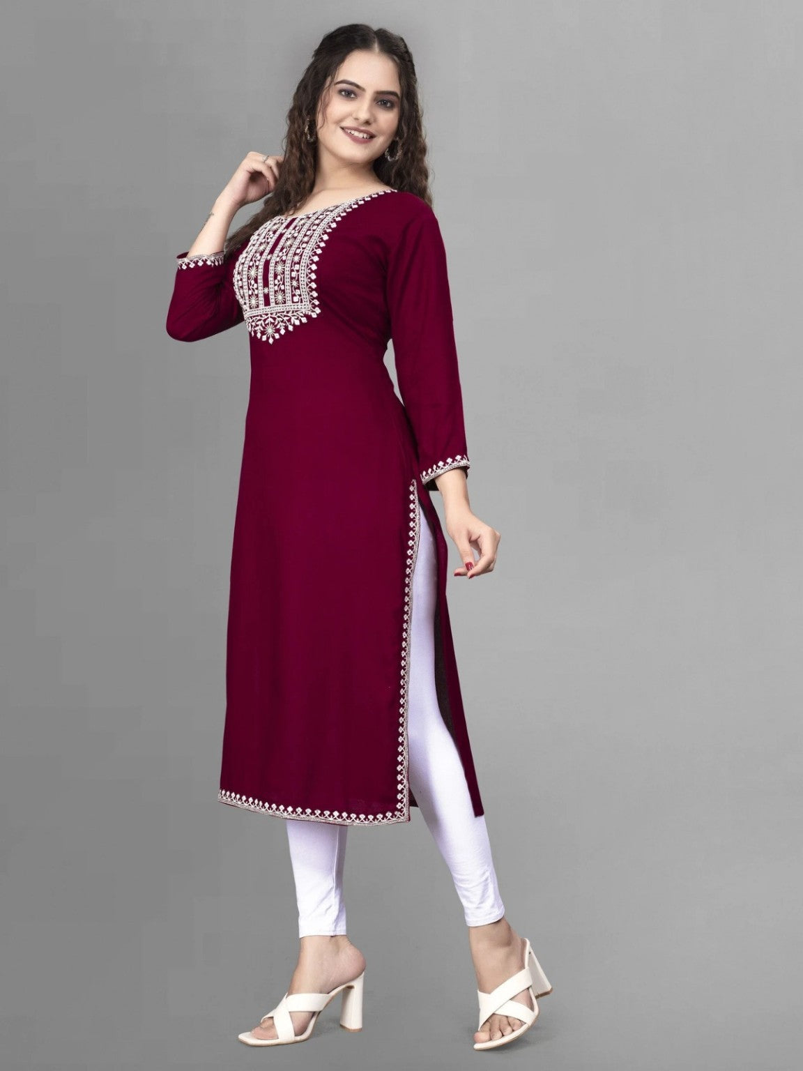 Women’s Wine Embroidered Flared Anarkali Kurta
