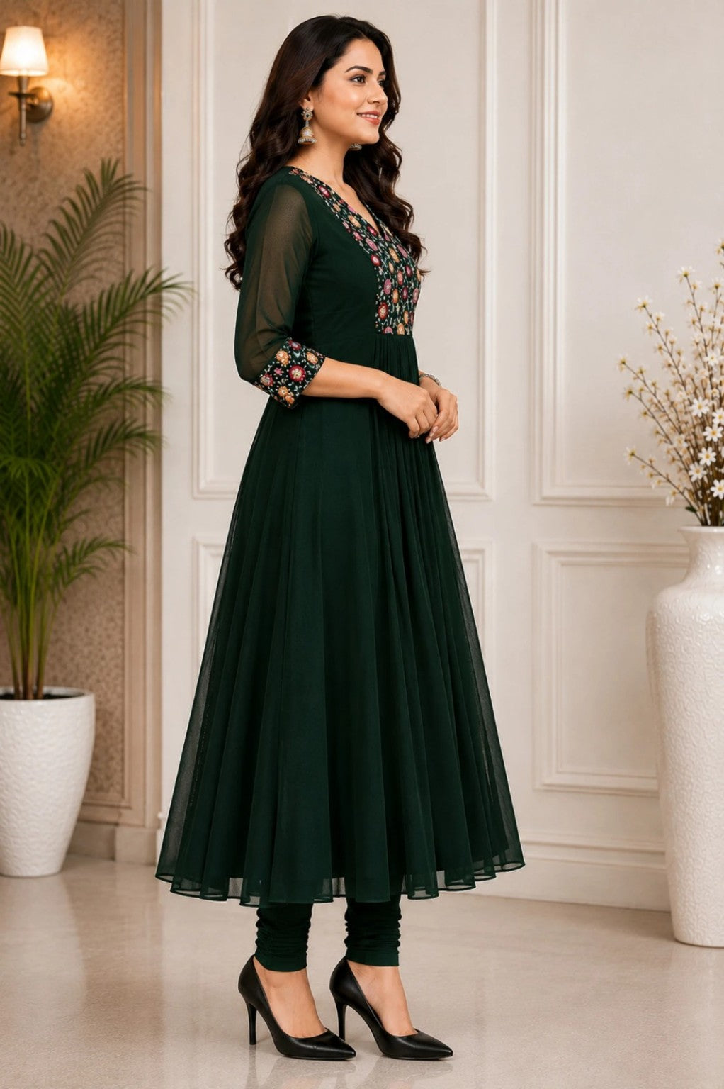 Women’s Dark Green Floral Embroidered Anarkali Kurta